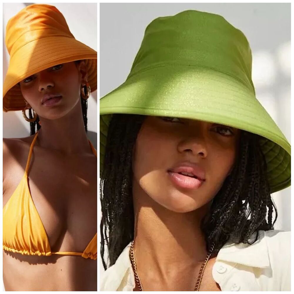 Lot of 2 Orange & Green Oversized Bucket Beach Hat Metallic Shimmer Summer